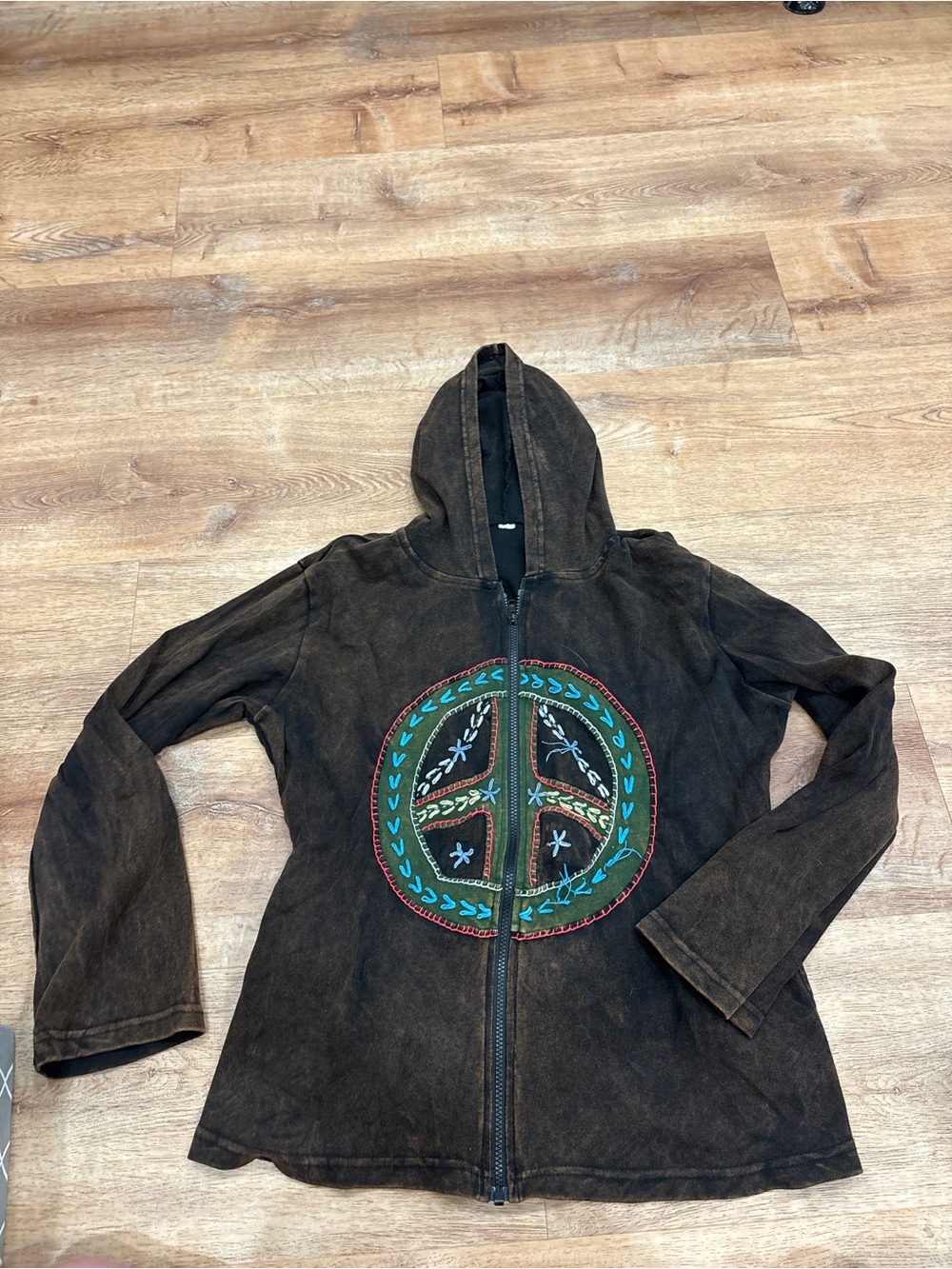 Brown Hooded Zip-Up Jacket with Embroidered Peace Design